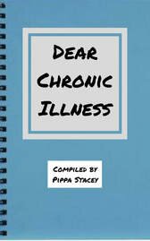 blue journal cover with binding down left side and 'dear chronic illness, compiled by pippa stacey' inscribed on the front in bold