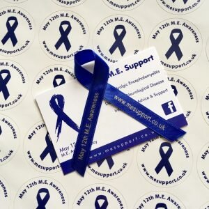 blue awareness ribbon on top of 'm.e support' logo stickers